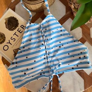 MEDIUM BLUE AND WHITE STRIPPED AERIE SWIM TOP